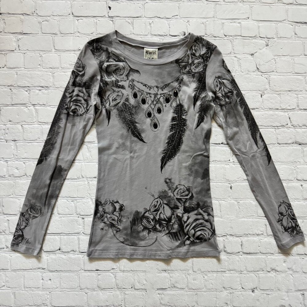 New Vocal Apparel womens crystal gray black feather jewel long sleeve shirt S